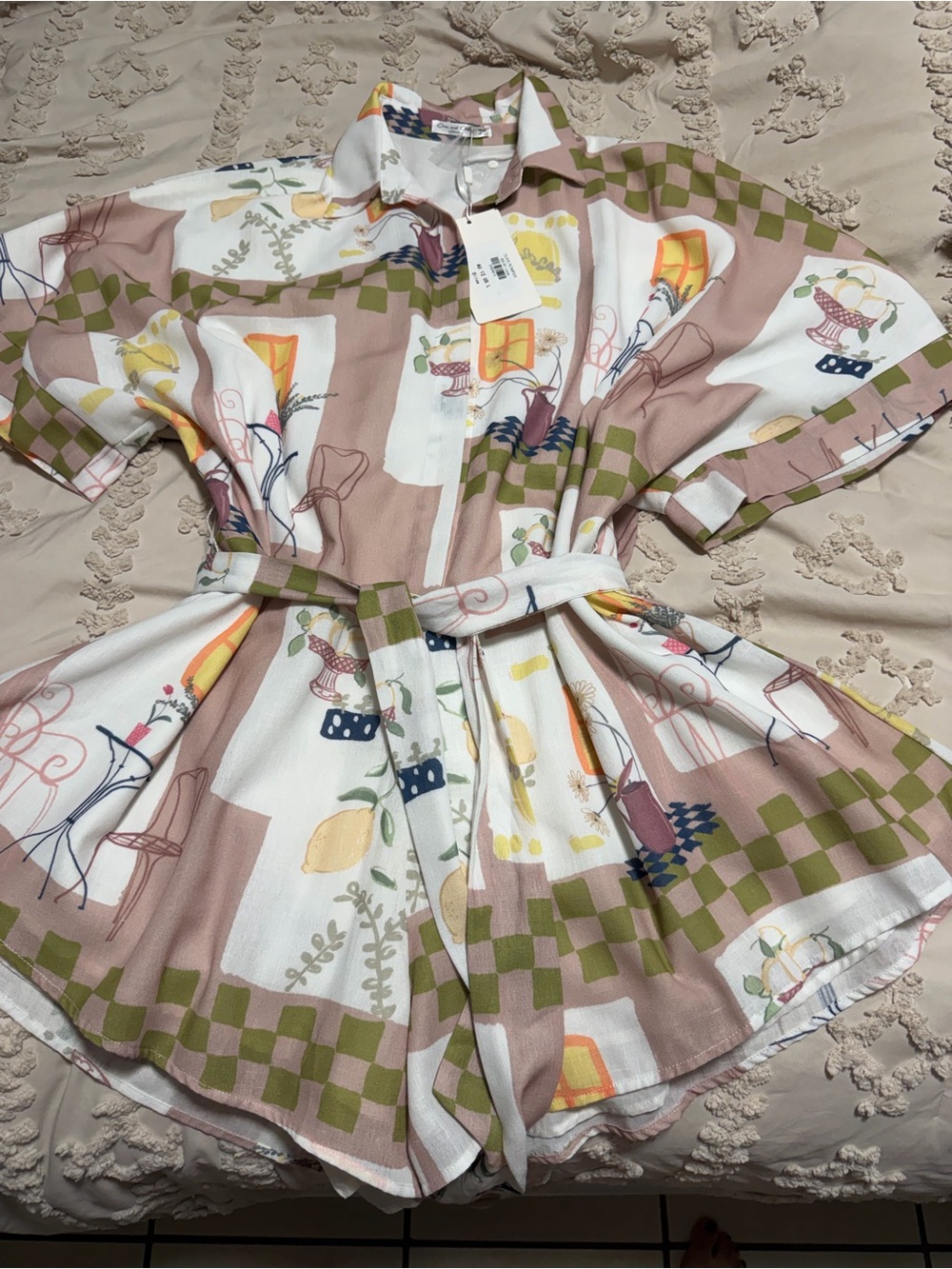 Printed Short Romper with Pink & Green Check Detail